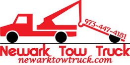 Tow truck logo with contact number 973-447-4181 and website newarktowtruck.com in red.