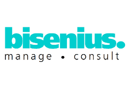 Blaues "bisenium." Logo, darunter Text: "manage • consult" in Schwarz.
