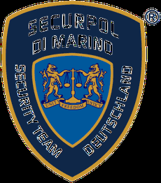 Wappen von Securpol Di Marino Deutschland mit Löwen und Waage, Slogan "Unit Freedom Justice".
