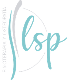 Logotipo de "Fisioterapia y Osteopatía Lsp" en azul y gris con diseño curvo decorativo.