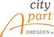 Logo mit Schriftzug "City Apart Dresden" in orange und braun.
