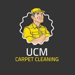 Logo of UCM Carpet Cleaning with a smiling worker in a yellow uniform.