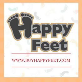 Happy Feet logo with feet graphics, website URL: www.buyhappyfeet.com.