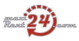 Logo "maxiRent24.com" mit roter Uhr und Pfeil.