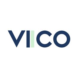 Logo mit dem Schriftzug "VICO", das "I" ist hellgrün, die restlichen Buchstaben sind dunkelblau.