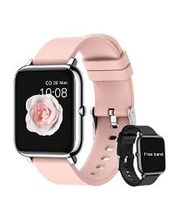 Reloj inteligente rosa con esfera de flor y otro negro con texto "Free band".