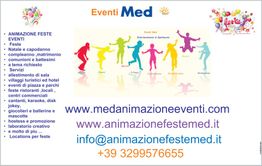 Volantino Eventi Med con sagome colorate di persone e contatti di animazione feste.