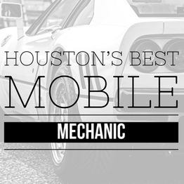 Car rear and text: "Houston's Best Mobile Mechanic" overlaid in bold fonts.
