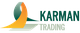 Zwart-wit logo met tekst "Karman Trading" en een gestileerde grafische vorm aan de linkerkant.