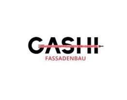 Logo mit dem Text "GASHI Fassadenbau", roter Schlauch quer über dem Wort Gashi.
