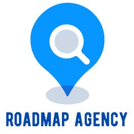 Blue location pin with magnifying glass icon above "Roadmap Agency" text.