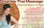 Werbung für Originale Thai Massage in Dresden mit Frau und Öffnungszeiten.