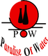 Logo mit zwei Flaschen in rotem Kreis, Text: "POW Paradise Of Water".