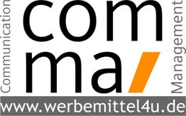 Das Logo zeigt den Firmennamen "comma" und die Webseite "www.werbemittel4u.de".