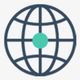 Ikon einer Weltkugel mit blauen Linien und einem grünen Punkt im Zentrum.