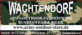 Wachtendorf Schild: Army-Mode, Bundeswehr & mehr, Webseite und Kontaktinformationen.