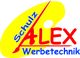 Rotes und blaues Logo „Schulz Alex Werbetechnik“ auf gelbem Hintergrund mit Pinsel-Symbol.