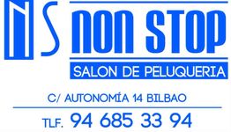 Logo azul de "NON STOP", salón de peluquería en Bilbao, con dirección y teléfono.