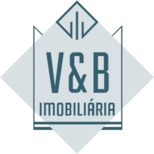 Logo da V&B Imobiliária em um design geométrico azul sobre fundo claro.