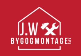 Rødt logo med teksten "J.W Byg og Montage APS" og værktøjsikoner.