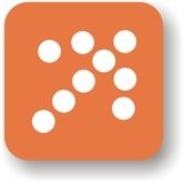 Orange Quadrat mit weißen Punkten, die ein Pfeilmotiv formen.