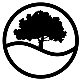 Baumsilhouette in einem Kreis mit wellenförmiger Linie darunter.