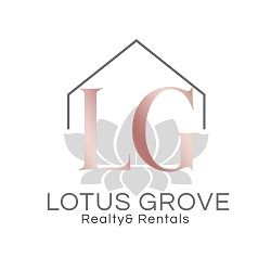 Logo of Lotus Grove Realty & Rentals with a stylized house and lotus design.