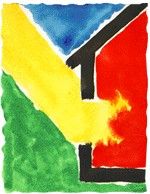 Abstraktes Aquarell mit bunten Flächen in Blau, Gelb, Grün und Rot, teils von schwarzen Linien umrahmt.
