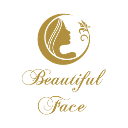 Logo mit goldenem Profil einer Frau, verziert mit Pflanzenmotiv, Text: "Beautiful Face".