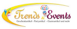 Logo mit Schriftzug "Trends & Events", verziert mit Ballons und Festdekoration.