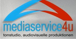 Blau-rotes Logo mit Text "mediaservice4u" und "tonstudio, audiovisuelle produktionen".