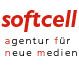 Logo mit Text: "softcell agentur für neue medien", teilweise in Rot und Schwarz.
