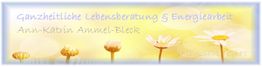 Banner mit Text: "Ganzheitliche Lebensberatung & Energiearbeit, Ann-Katrin Ammel-Bleck", Blumenhintergrund.