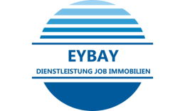 Blaues Logo mit Kreis und Linien, Text: "EYBAY - Ermittlung und Job Lösungen" in der Mitte.