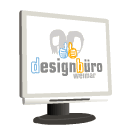 Computerbildschirm mit dem Logo "designbüro weimar" und Daumen-Icons in Blau und Gelb.