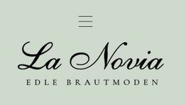 "Logo von 'La Novia', edle Brautmoden. Elegante Schrift auf hellgrünem Hintergrund."