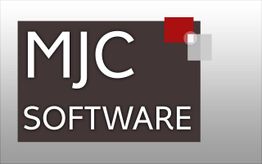 Schwarzes Rechteck mit "MJC SOFTWARE" und zwei überlappenden farbigen Quadraten oben rechts.