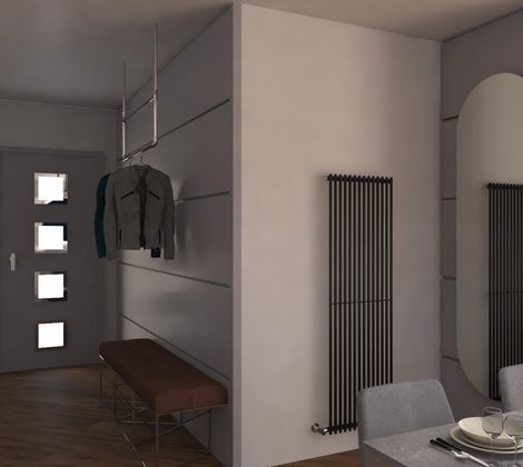 Ingresso moderno con panca marrone, appendiabiti sospeso e tavola apparecchiata accanto.