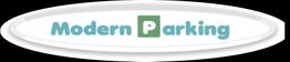 Ovales Logo mit der Aufschrift "Modern Parking" in blauer Schrift auf weißem Hintergrund.