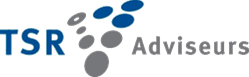 Logo van TSR Adviseurs met blauwe en grijze voetstappen naast de tekst.