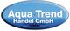 Blaues ovales Logo der Aqua Trend Handel GmbH mit Wasserhintergrund und Schriftzug.
