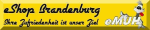 Gelbes Banner mit Text "eShop Brandenburg" und einer gezeichneten Kuh mit Sonnenbrille.