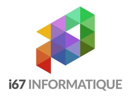 Logo coloré "i67 INFORMATIQUE" avec des triangles géométriques.