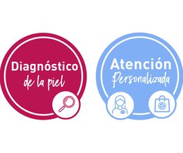 Dos círculos: "Diagnóstico de la piel" en rojo y "Atención Personalizada" en azul.