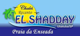 "Logo dos Chalés Recanto El Shadday, Praia da Enseada em Ubatuba/SP, com palmeira e sol ao fundo."