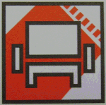 Piktogramm eines Fernsehers mit Lautsprechern, rotem Hintergrund und Streifenmuster oben rechts.