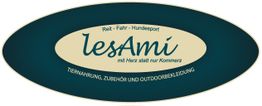 Ovale Grafik mit dem Text: "lesAmi - Tiernahrung, Zubehör und Outdoorbekleidung."