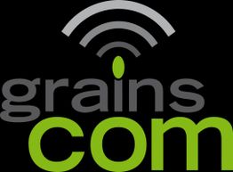 Logo mit "grainscom" in Grau und Grün, über einem grünen Punkt sind graue Funkwellen dargestellt.