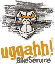 Comic-Stil Maskottchen mit Text "uggahh! BikeService". Hintergrund mit schwarzen Kratzlinien.