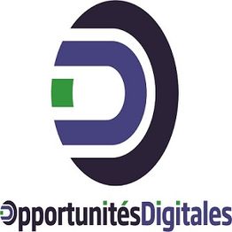 Logo avec un cercle bleu et vert, texte "Opportunités Digitales" en bas.